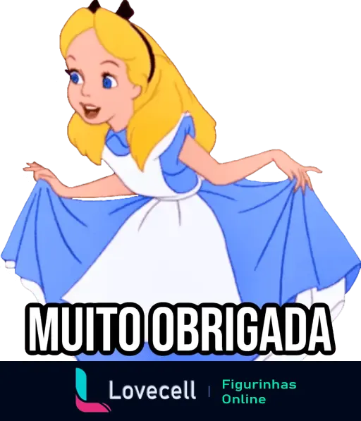 Alice em vestido azul e branco agradecendo com expressão debochada, com texto 'MUITO OBRIGADA'.