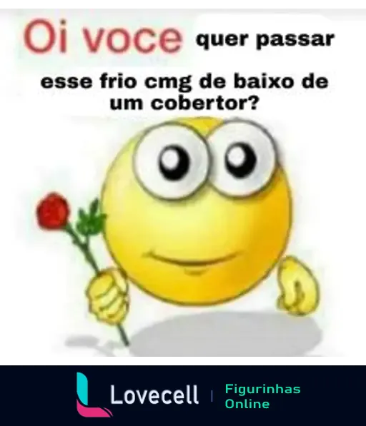 Uma figura de um emoji amarelo com olhos grandes segurando uma rosa. Texto: 'Oi voce quer passar esse frio cmg de baixo de um cobertor?'.