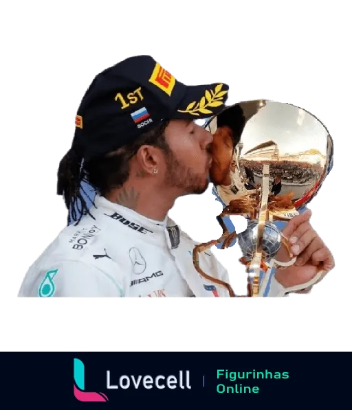 Lewis Hamilton beijando um grande troféu após vitória, com boné de patrocinadores, em figurinha de WhatsApp