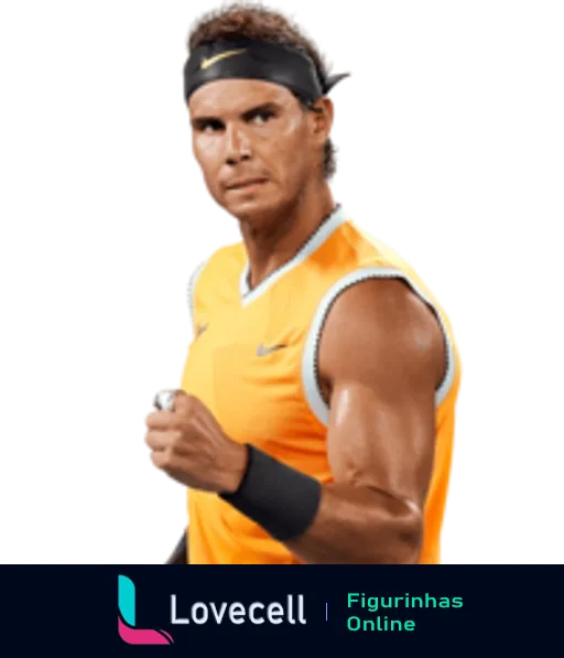 Rafael Nadal em postura de jogo, vestindo camiseta laranja e bandana, com olhar focado e determinado, pronto para uma partida de tênis