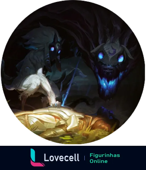 Imagem de Kindred do League of Legends (LoL) Wild Rift. Figurininha circular com Kindred, representando a dualidade entre lobo e cordeiro, em um cenário sombrio com olhos azuis brilhantes.