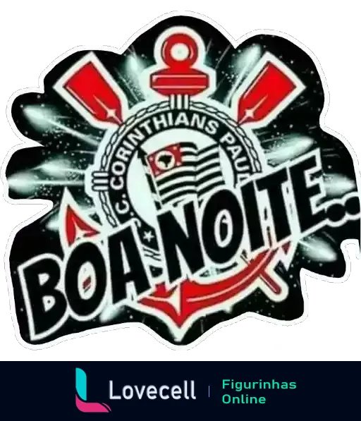 Figurinha do WhatsApp com escudo do Corinthians em chamas e a frase 'Boa Noite', colorido e brilhante, ideal para torcedores.