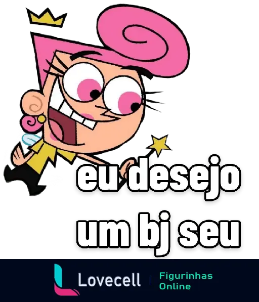 Figurinha com personagem de desenho animado pedindo um beijo com a frase 'eu desejo um bj seu'. Imagem fofa e divertida representando amor.