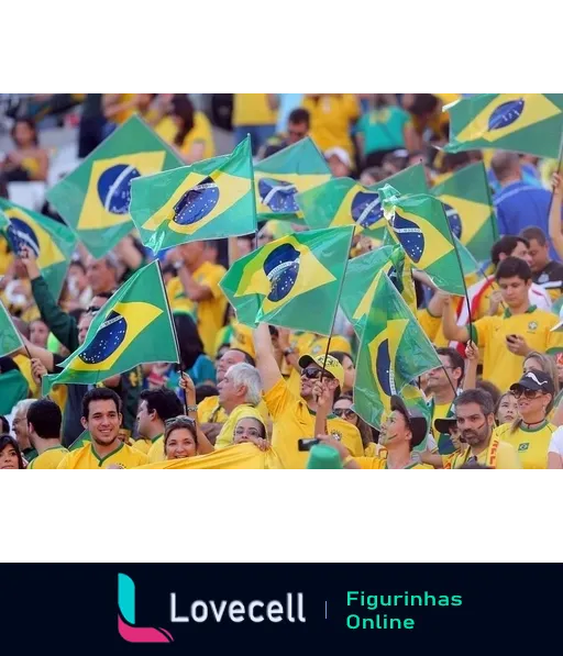 Multidão de torcedores da Seleção Brasileira no estádio, vestidos em amarelo e verde, agitando bandeiras do Brasil com expressões entusiasmadas durante jogo de futebol