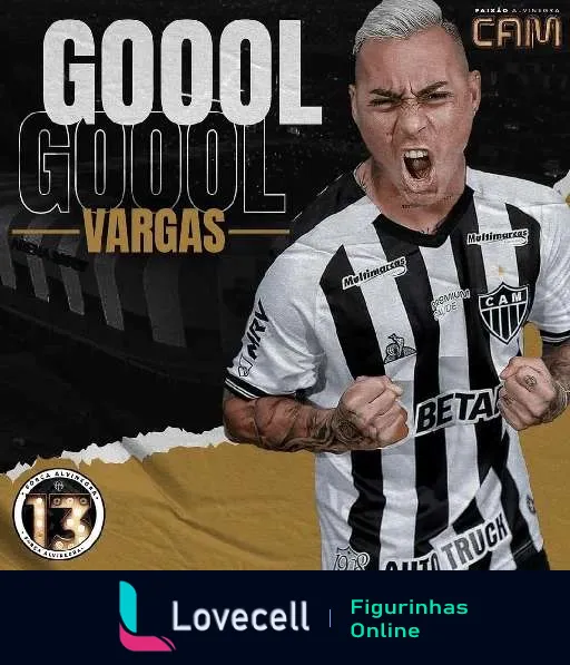 Jogador Vargas comemorando gol pelo Atlético MG com punhos cerrados e expressão emocionada, vestido com uniforme listrado preto e branco, com as palavras 'GOOOL GOOOL VARGAS' em destaque