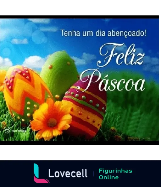 Sticker de Feliz Páscoa mostrando a mensagem 'Tenha um dia abençoado! Feliz Páscoa' em um cenário com céu azul e grama verde, incluindo ovos de páscoa coloridos e uma flor laranja.