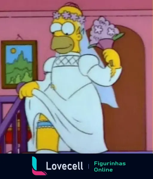 Homer Simpson vestido de noiva, segurando buquê de flores, em cena engraçada e típica do Dia dos Namorados dos Simpsons.