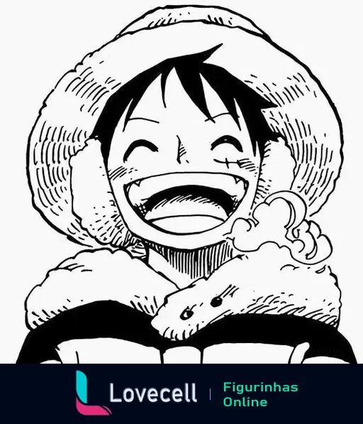 Luffy, personagem de One Piece, sorrindo feliz com um gorro de inverno e orelhas de pelúcia. Ele exibe um grande sorriso, transmitindo alegria.