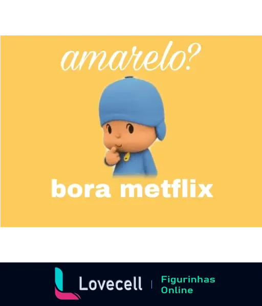 Figurinha do personagem Pocoyo pensando com fundo amarelo e texto 'amarelo? bora metflix'. Ideal para convite descontraído a assistir filmes.