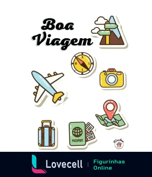 Figurinha com o texto 'Boa Viagem' cercada por ícones de viagem, incluindo um avião, bússola, câmera, placa de direções, mala, passaporte e mapa com marcador.