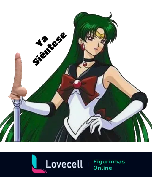 Sailor Pluto com cabelo verde e uniforme preto e branco, segurando um cetro alterado com um objeto estranho em sua ponta. Texto: 'Ja Scheese'.