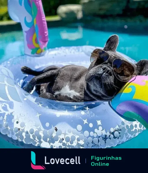 Cachorro descansando em uma boia na piscina, usando óculos de sol e curtindo um dia ensolarado. Bichinhos com calor, diversão e relaxamento.