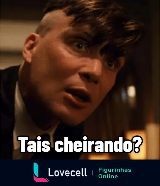 Figurinha de um homem com expressão surpresa e cabelos bem aparados, questionando intensamente, possivelmente de um drama ou série de suspense