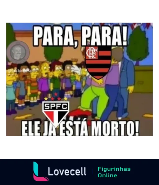 Figurinha dos Simpsons mostrando um personagem pedindo para parar de bater em outro caído, com logos do Flamengo e São Paulo, insinuando zombaria após confronto entre os times