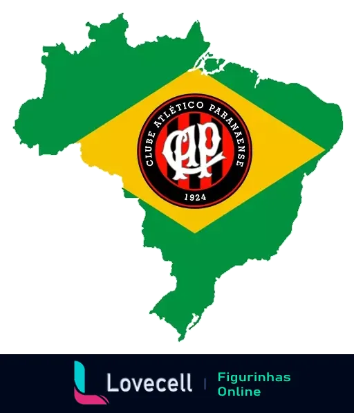 Escudo do Clube Atlético Paranaense com iniciais CAP em vermelho e preto, sobreposto em um mapa do Brasil verde