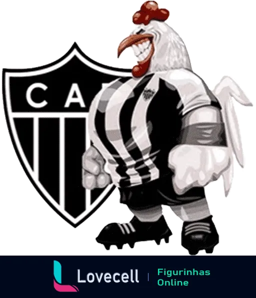 Mascote do Atlético Mineiro, um galo musculoso vestindo uniforme listrado preto e branco, segurando um escudo com as iniciais 'CA'