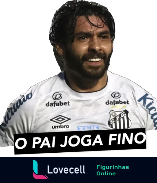 Figurinha de WhatsApp com jogador de futebol do Santos jogando com expressão determinada e a frase 'O Pai Joga Fino' indicando seu talento e habilidade