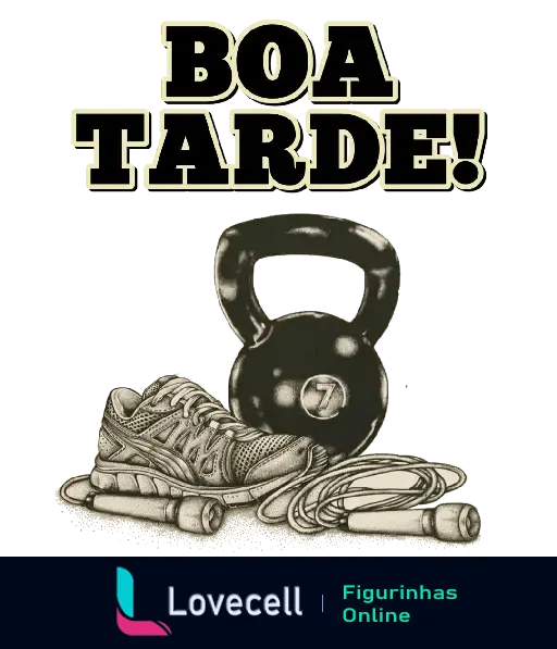 Ilustração de acessórios de fitness incluindo tênis, corda e kettlebell com a mensagem 'Boa Tarde!' no topo. Ideal para motivar exercícios à tarde.