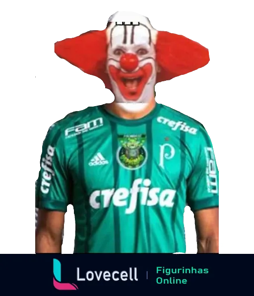 Figurinha de palhaço com camisa do Palmeiras, face com nariz vermelho e orelhas grandes, para brincadeiras entre torcedores