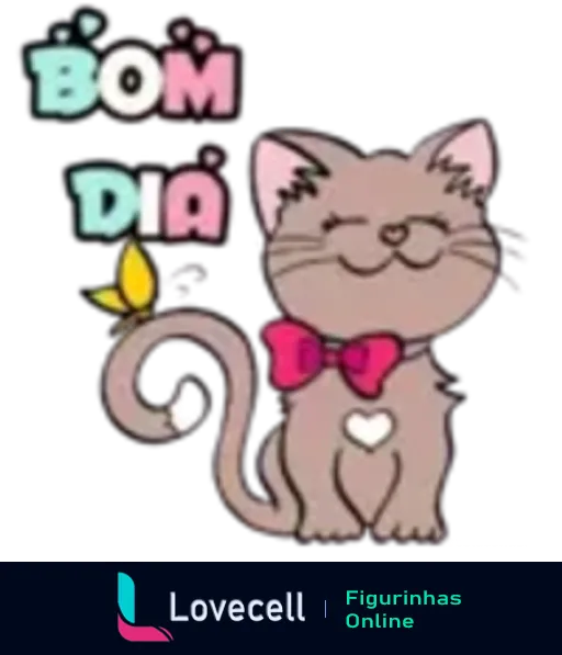 Figurinha de Bom Dia com gato sorridente usando laço rosa e mensagem colorida 'BOM DIA' acompanhada de um coração e uma gota azul