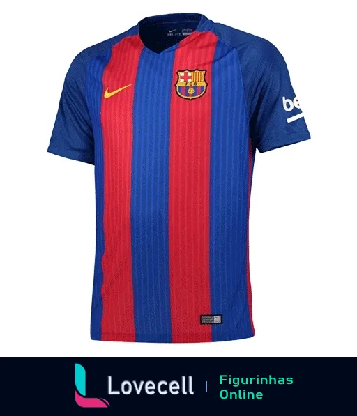 Camiseta do Barcelona listrada em azul e grená com logo da Nike e escudo do clube à esquerda, patrocínio da bwin