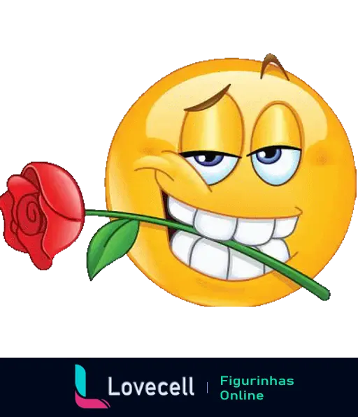 Emoji sedutor com um sorriso travesso, segurando uma rosa vermelha na boca, transmitindo flerte e charme.