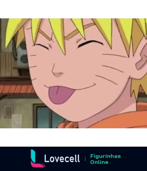 Naruto Uzumaki sorrindo e piscando, mostrando a língua, vestido com traje laranja, expressando travessura e alegria