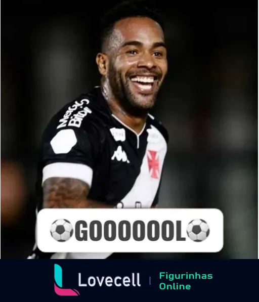 Jogador do Vasco da Gama comemorando gol sorridente com a palavra 'GOOOOOL' e ícones de bola de futebol ao lado