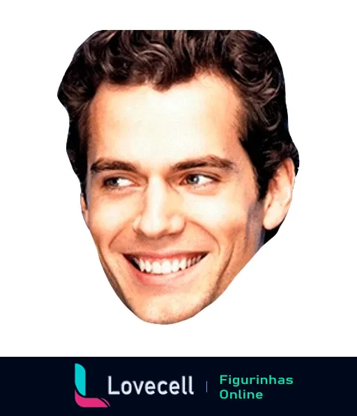 Figurinha de WhatsApp com close do rosto de Henry Cavill sorrindo, cabelos castanhos encaracolados, fundo branco, expressando alegria e simpatia