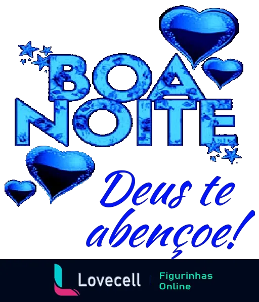 Figurinha 'Boa Noite - Deus te abençoe!' com letras grandes e brilhantes em azul, decorada com corações e estrelas, expressando carinho e positividade