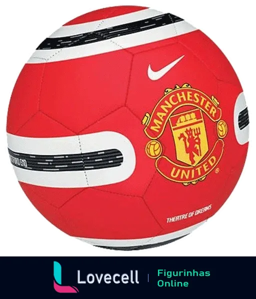 Figurinha de bola de futebol do Manchester United com listras brancas e pretas, logo da Nike e escudo do clube