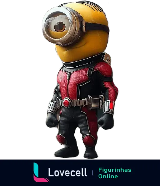 Figurinha de um Minion vestido como o herói Ant-Man, da pasta MINIONS - Heróis e Vilões, usando uniforme vermelho e preto detalhado.