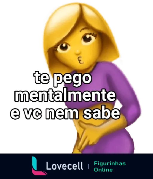 Figurinha de personagem feminina de desenho animado com cabelo loiro e vestido roxo, fazendo gesto de silêncio com dedo na frente da boca, texto 'te pego mentalmente e você nem sabe', expressando um tom brincalhão e misterioso