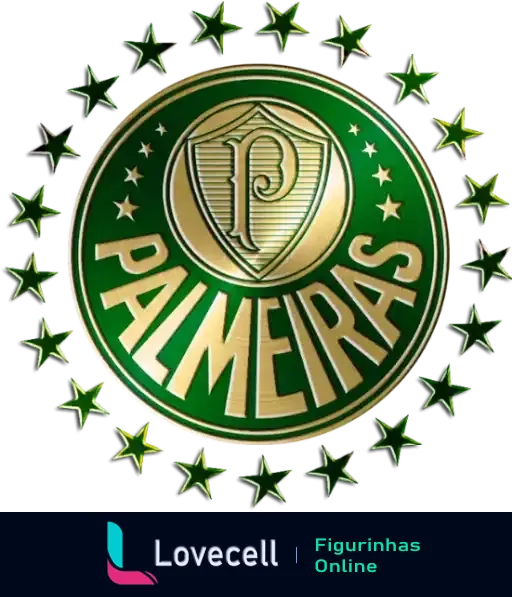 Figurinha do escudo do Palmeiras com fundo verde e emblema dourado, letra 'P' estilizada cercada por estrelas douradas representando conquistas