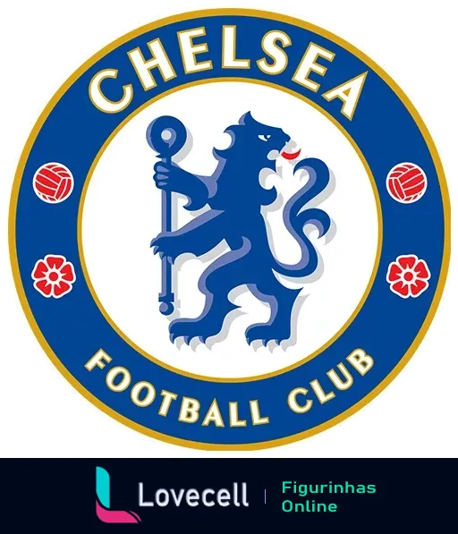 Logotipo do Chelsea Football Club com um leão segurando um bastão, cercado por um círculo azul com o nome do clube e flores decorativas