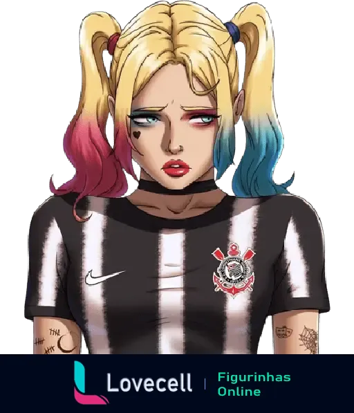 Desenho de personagem animada com cabelo colorido e dividido em duas maria-chiquinhas. Ela veste uma camisa preta e branca do Corinthians e possui uma expressão triste.