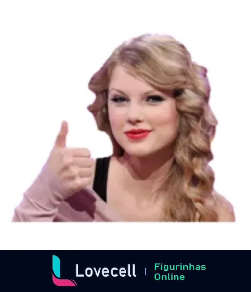 Figurinha da Taylor Swift sorrindo, de cabelo loiro encaracolado, fazendo sinal de positivo com o polegar, com fundo neutro