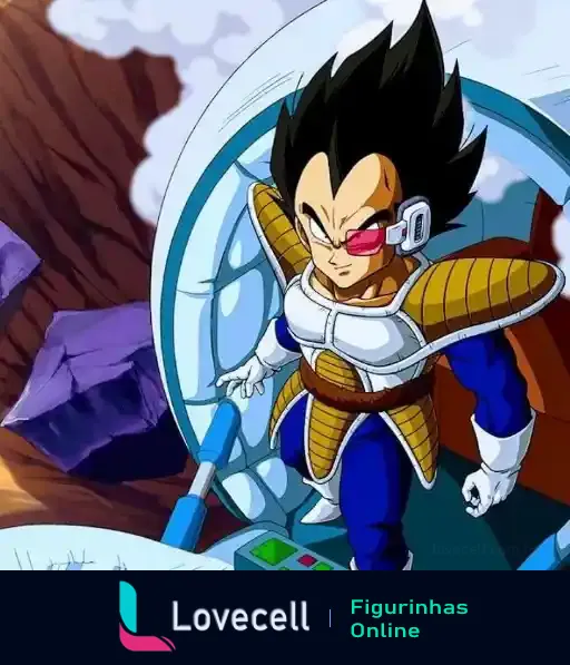 Super Vegeta em sua armadura saiyajin com um scouter no olho, saindo de uma cápsula no planeta Terra.