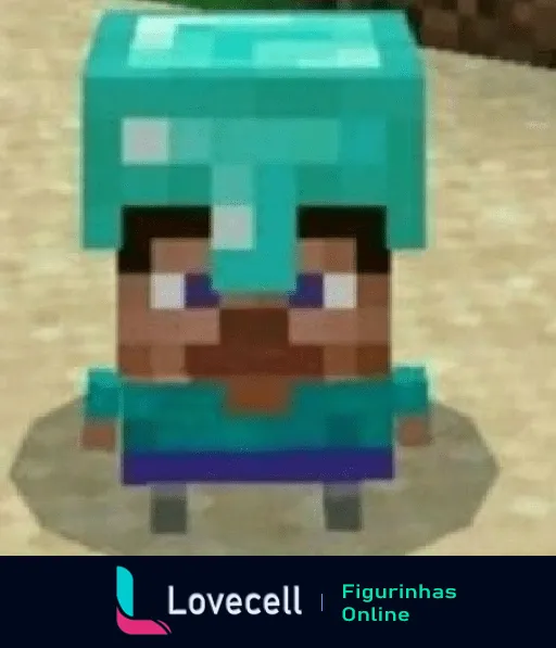 Steve, personagem de Minecraft, usando um capacete de diamante e roupa azul em um fundo de areia. Estilo pixelado típico do jogo.