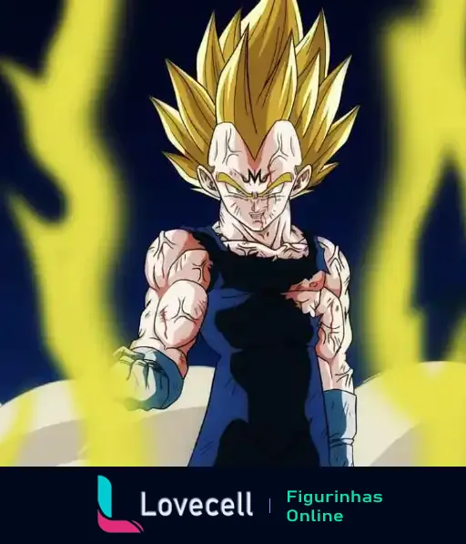 Imagem de Super Vegeta envolto em energia, mostrando músculos destacados e veias evidentes, em pose de poder.