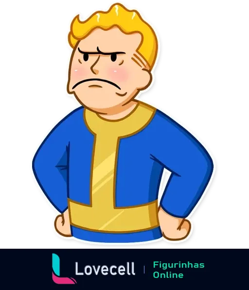 Figurinha do Fallout Vault Boy com expressão brava, braços na cintura e rosto avermelhado, retratando irritação.