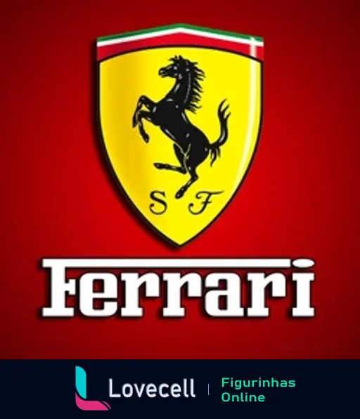 Figurinha do emblema da Ferrari com escudo amarelo, bordas vermelhas e verde, cavalo preto empinado ao centro, iniciais 'S F' em verde e nome 'Ferrari' em branco na parte inferior