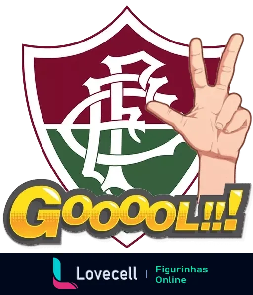 Emblema do Fluminense Football Club com uma mão fazendo o sinal de vitória e a palavra 'Gooooool!!!' em destaque