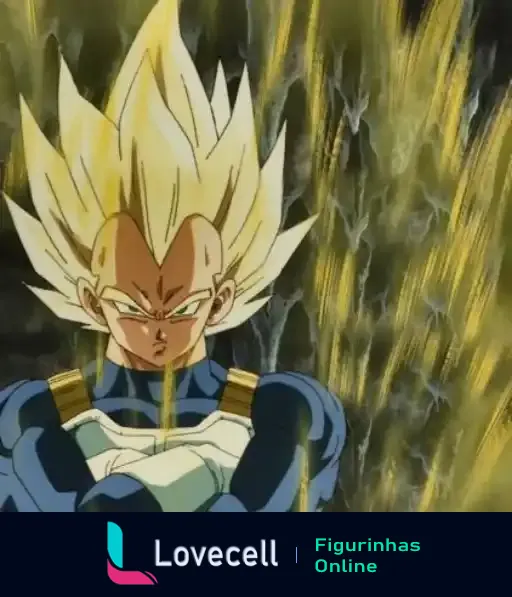 Personagem do anime Dragon Ball Z, Vegeta em sua forma Super Saiyajin, com cabelo loiro erguido e aura dourada ao redor.