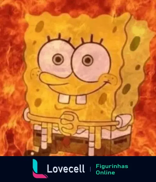 Bob Esponja sorrindo com um fundo de chamas intensas, refletindo calor extremo. Ideal para expressar sensação de muito calor.