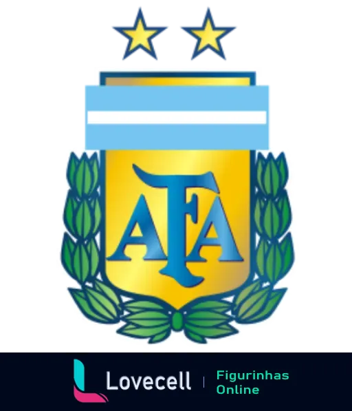 Logotipo da Associação de Futebol Argentino (AFA) emoldurado por uma coroa de louros, com letras AFA estilizadas sobre fundo amarelo e azul-celeste, acompanhado de duas estrelas douradas no topo