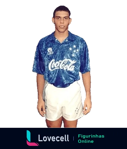 Ronaldo com uniforme do Cruzeiro Esporte Clube, camisa azul manchada e shorts brancos, patrocínio Coca-Cola