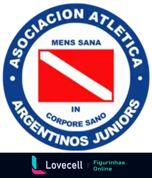 Escudo do Argentinos Juniors com fundo azul e retângulo vermelho inclinado, contendo a frase 'Mens Sana in Corpore Sano' ao redor