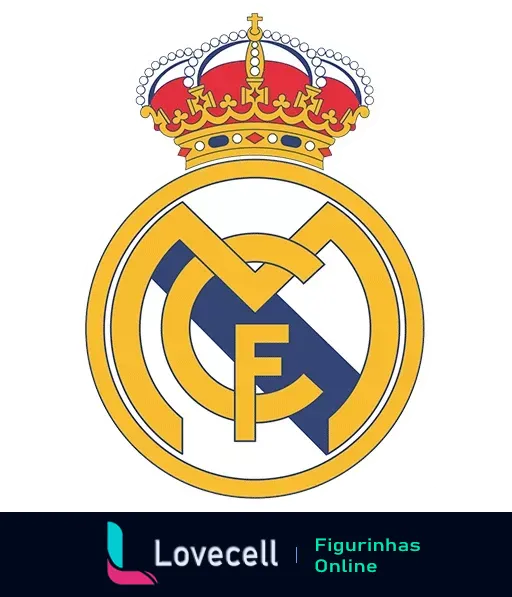 Figurinha do escudo do Real Madrid com as iniciais MCF e uma coroa na parte superior