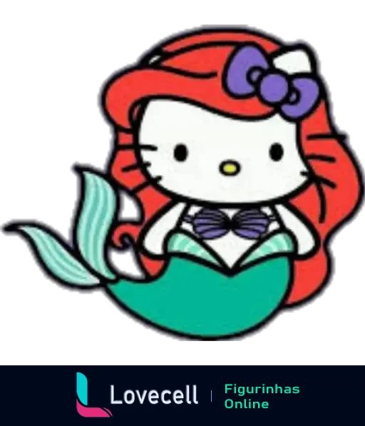 Figurinha da Hello Kitty vestida como uma sereia, com cabelo vermelho, cauda verde e laço roxo. Uma combinação encantadora da popular personagem.